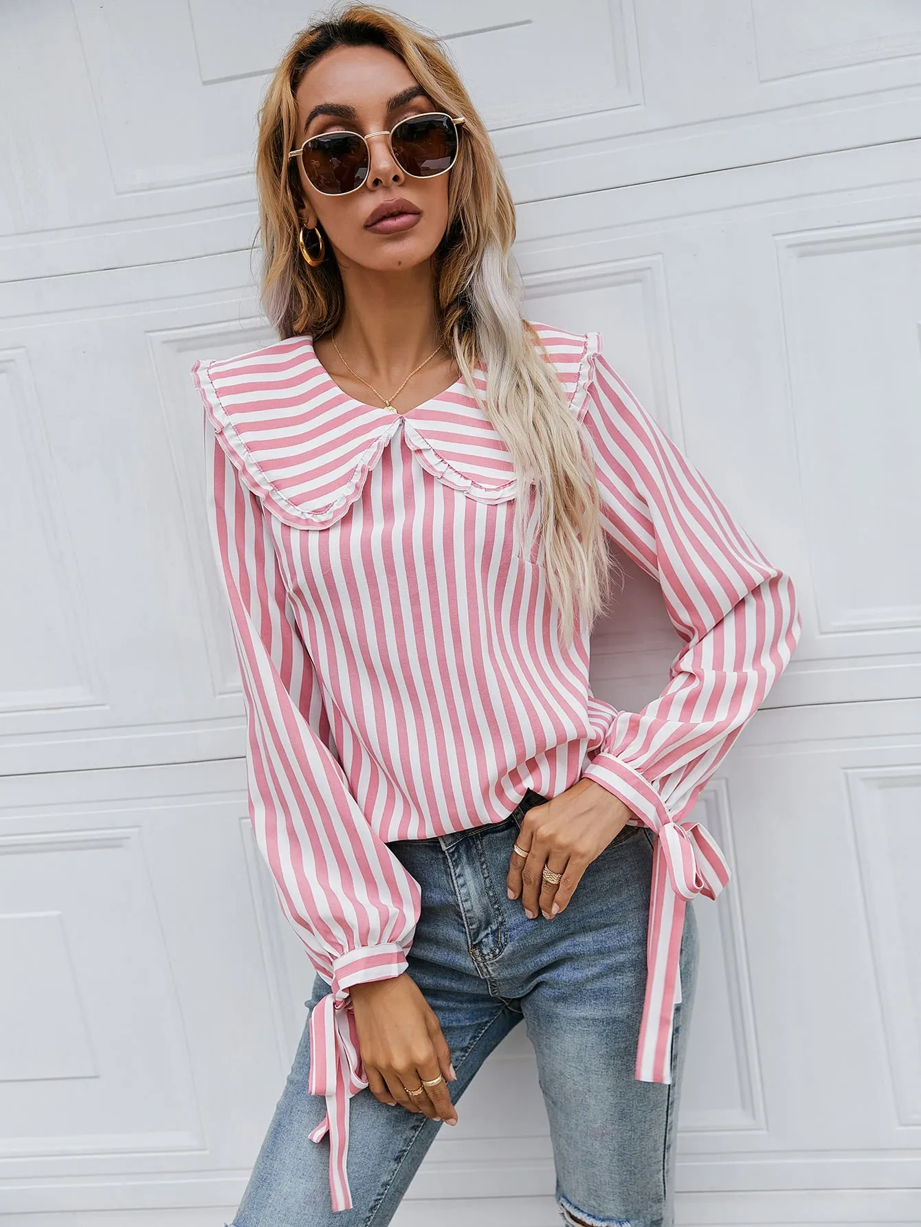 Cute Striped Lettuce Trim Long Sleeve Peter Pan Collar Regular Blouse