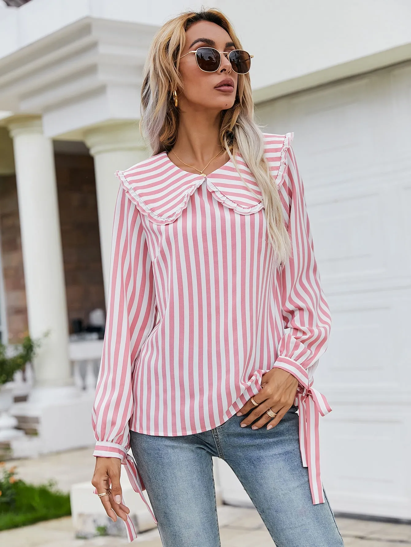 Cute Striped Lettuce Trim Long Sleeve Peter Pan Collar Regular Blouse