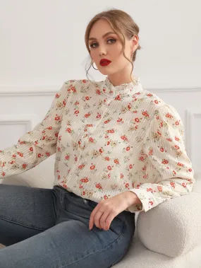Ditsy Floral Button Front Long Sleeve Stand Collar Semi-Sheer Long Plus Size Blouse