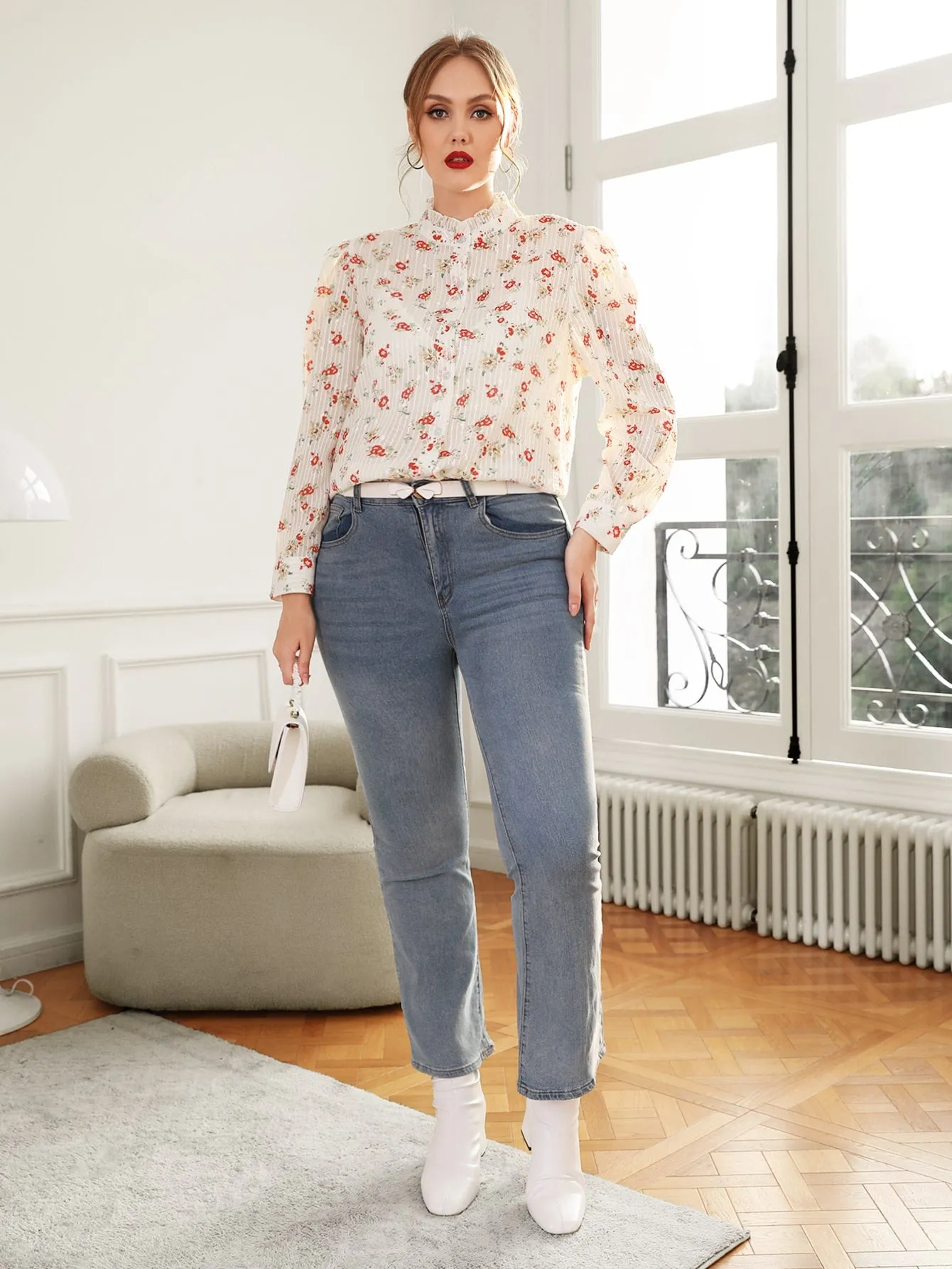 Ditsy Floral Button Front Long Sleeve Stand Collar Semi-Sheer Long Plus Size Blouse