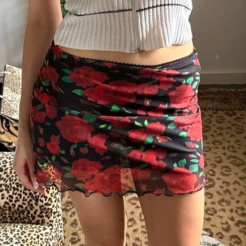 Evalyn Rose Print Mesh Mini Skirt