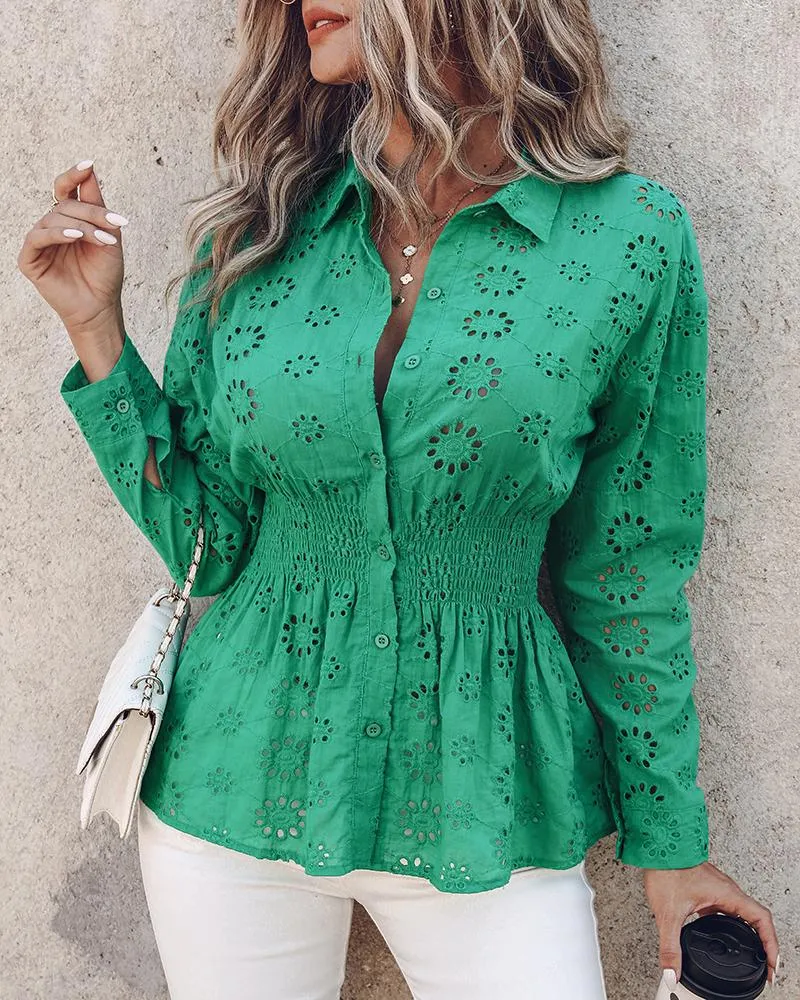 Eyelet Embroidery Shirred Long Sleeve Top