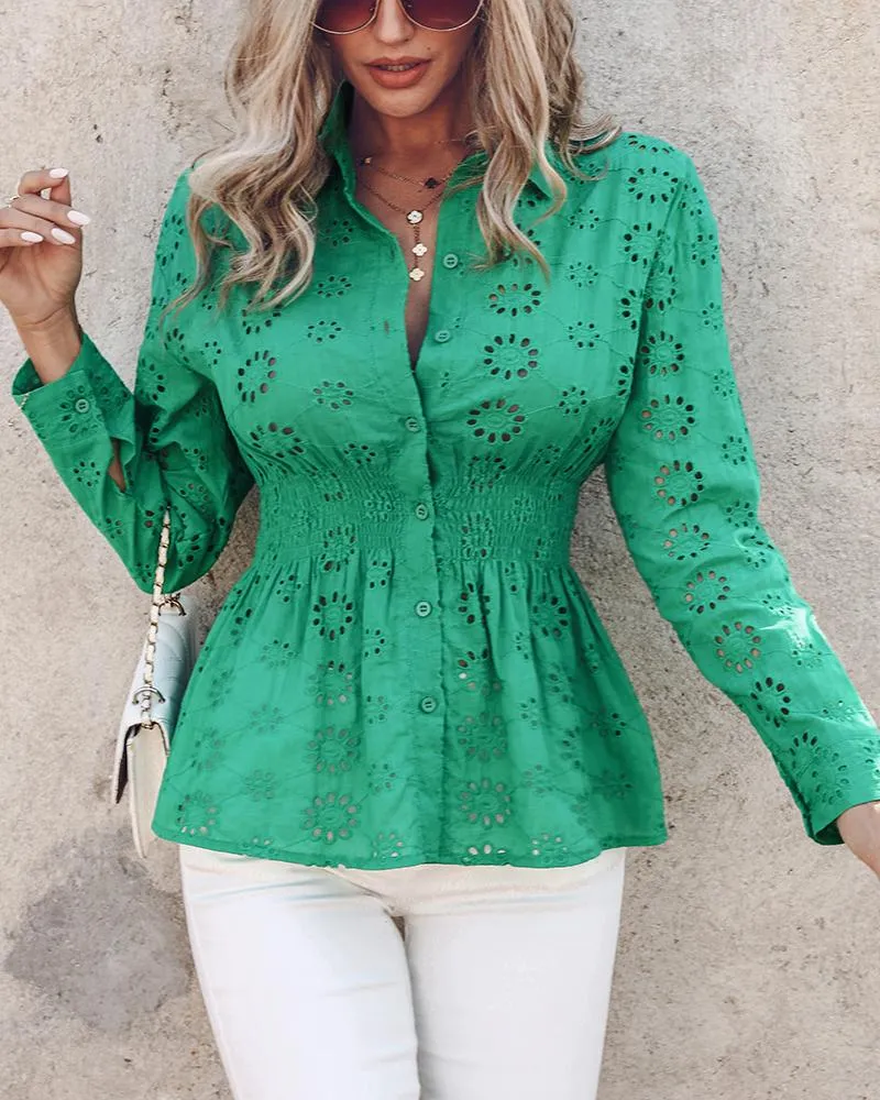 Eyelet Embroidery Shirred Long Sleeve Top