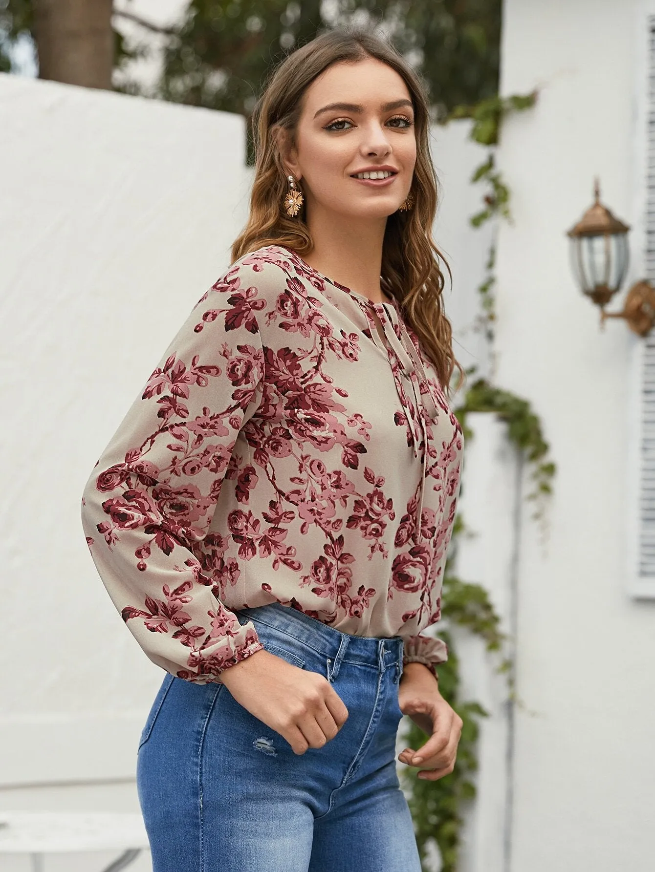 Floral Print Tie Neck Blouse