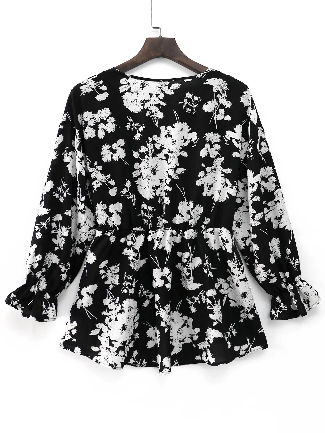 Floral Wrap Long Sleeve V Neck Regular Plus Size Blouse