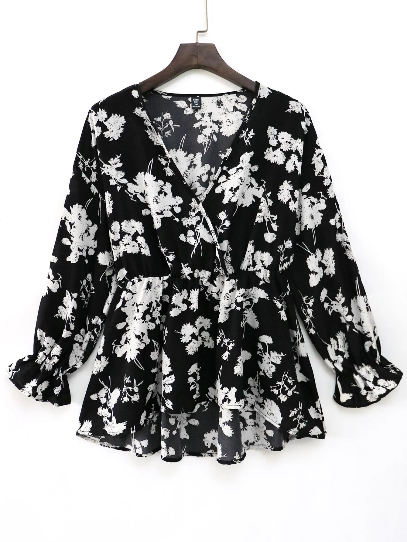 Floral Wrap Long Sleeve V Neck Regular Plus Size Blouse