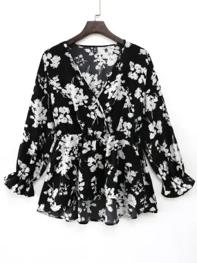 Floral Wrap Long Sleeve V Neck Regular Plus Size Blouse