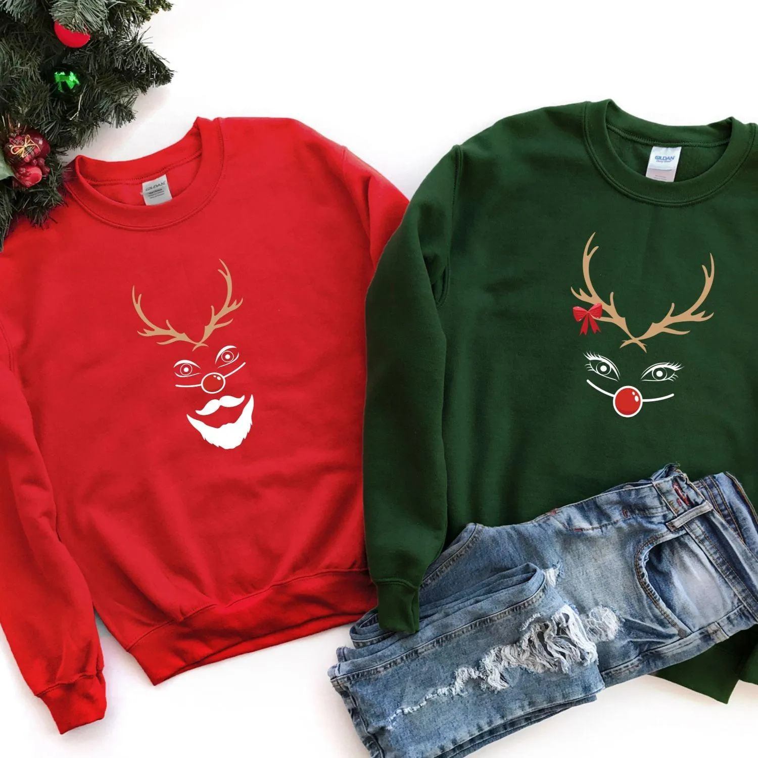 Funny Christmas Matching Set: Reindeer Couple Shirts & Very Merry Ugly Xmas Sweaters