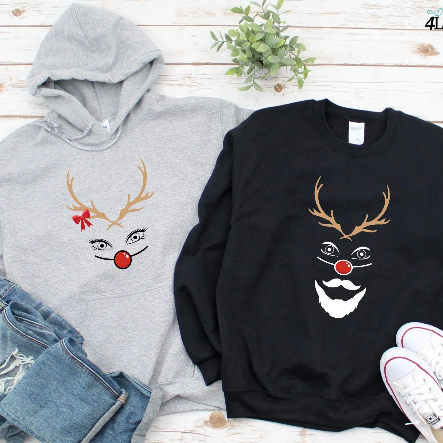 Funny Christmas Matching Set: Reindeer Couple Shirts & Very Merry Ugly Xmas Sweaters
