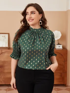 Geometric Shirred Short Sleeve Stand Collar Regular Plus Size Blouse