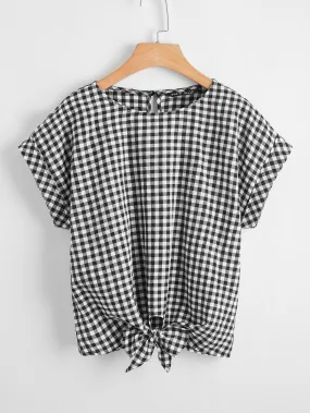 Gingham Knot Short Sleeve Round Neck Regular Plus Size Blouse