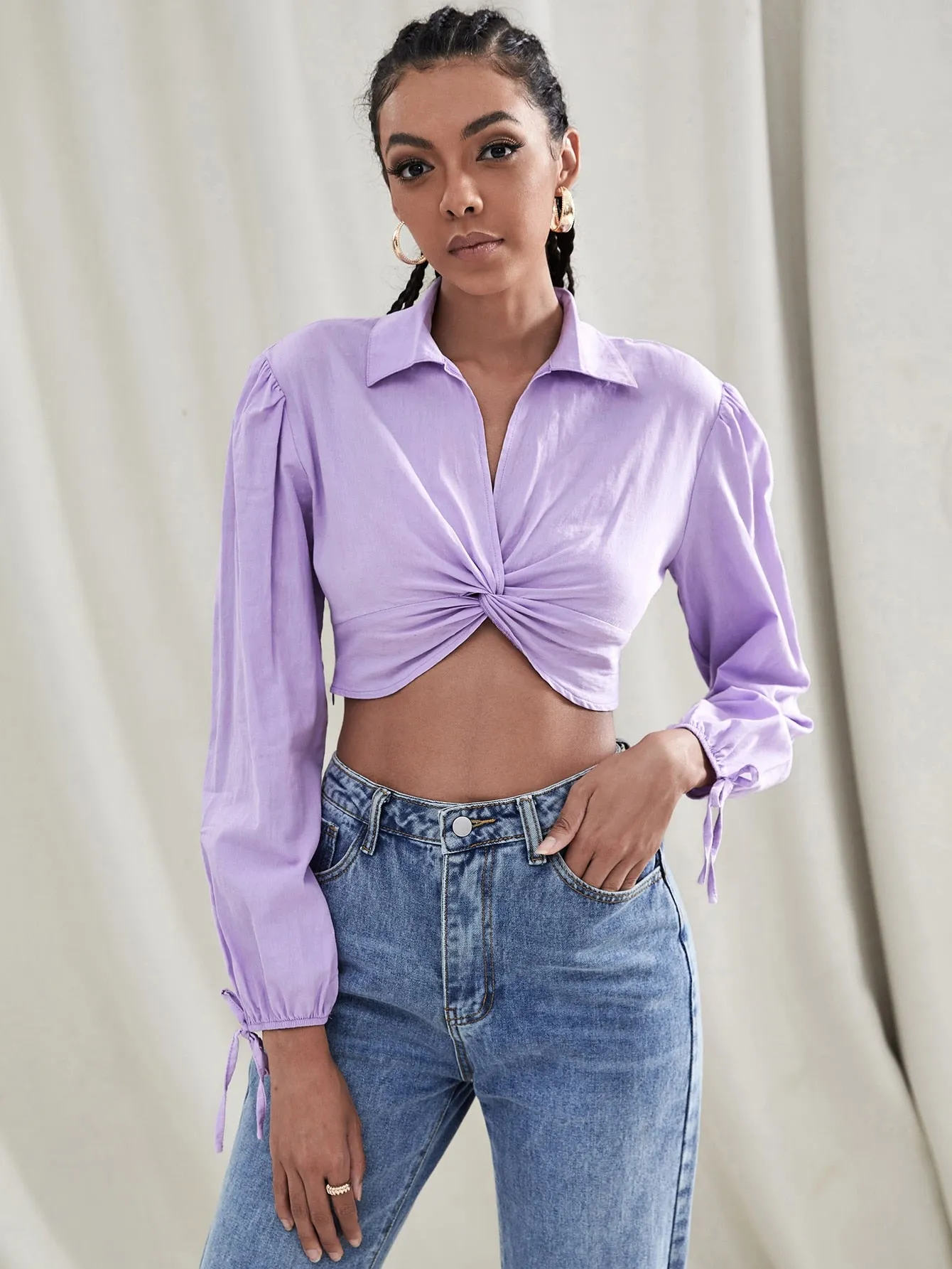 Glamorous Plain Twist Long Sleeve Collar Asymmetrical Crop Blouse