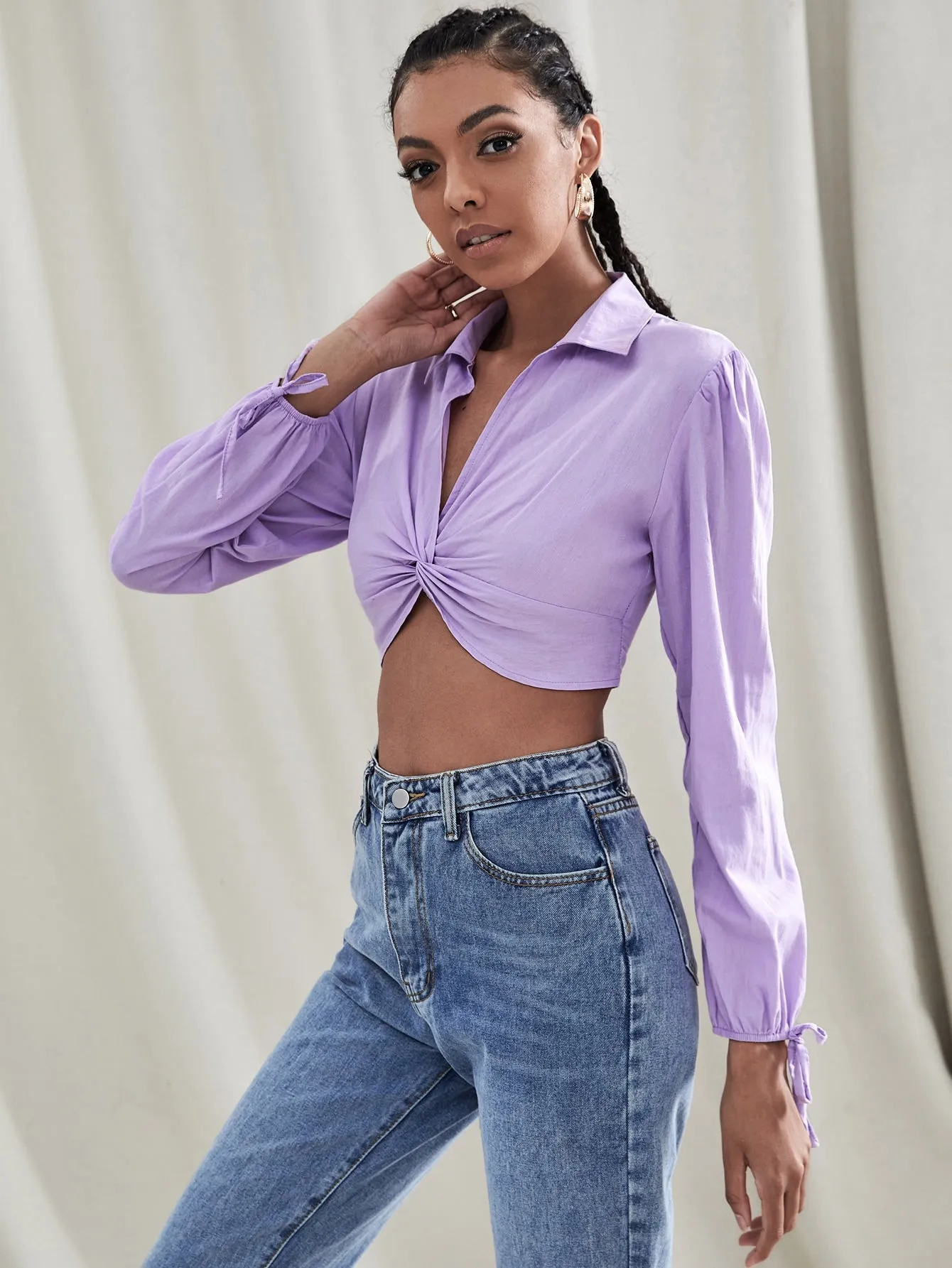Glamorous Plain Twist Long Sleeve Collar Asymmetrical Crop Blouse