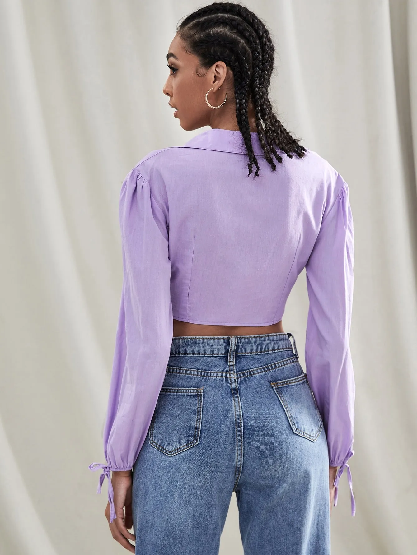 Glamorous Plain Twist Long Sleeve Collar Asymmetrical Crop Blouse