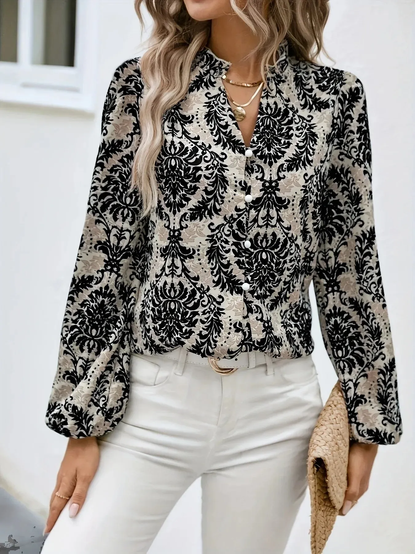 Golden Damask Autumn Blouse with Long Sleeves
