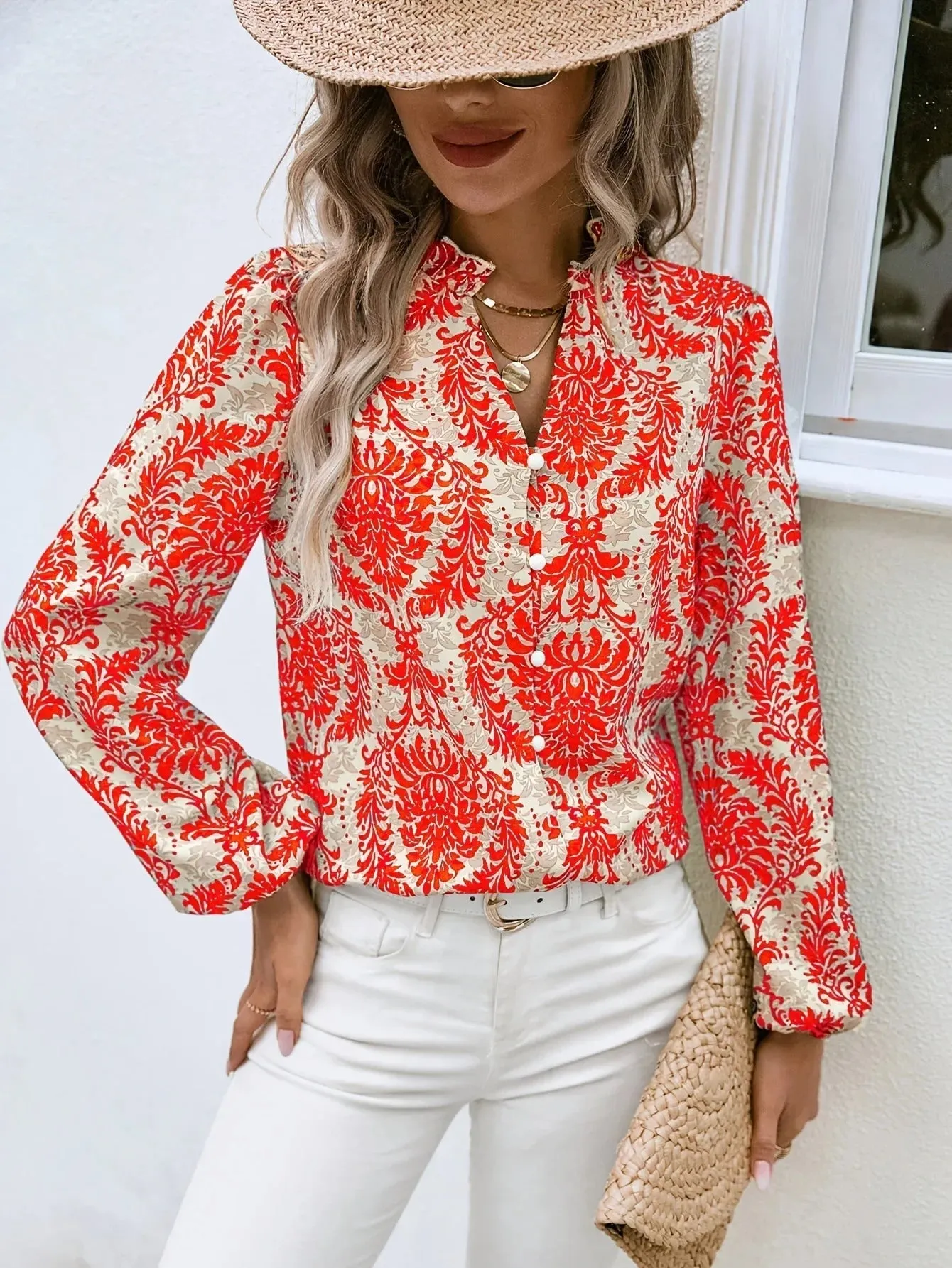 Golden Damask Autumn Blouse with Long Sleeves