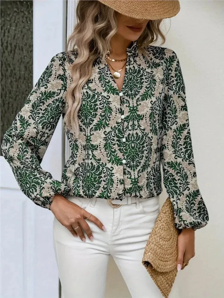 Golden Damask Autumn Blouse with Long Sleeves