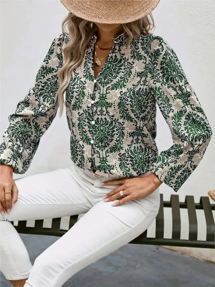 Golden Damask Autumn Blouse with Long Sleeves