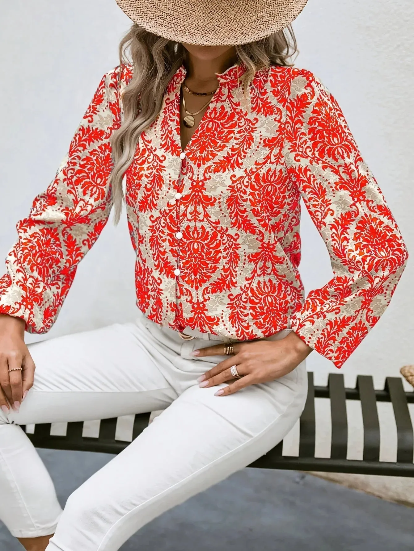 Golden Damask Autumn Blouse with Long Sleeves