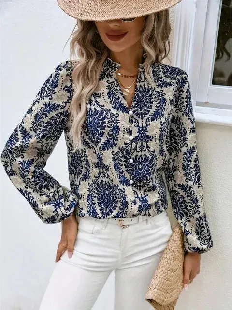 Golden Damask Autumn Blouse with Long Sleeves