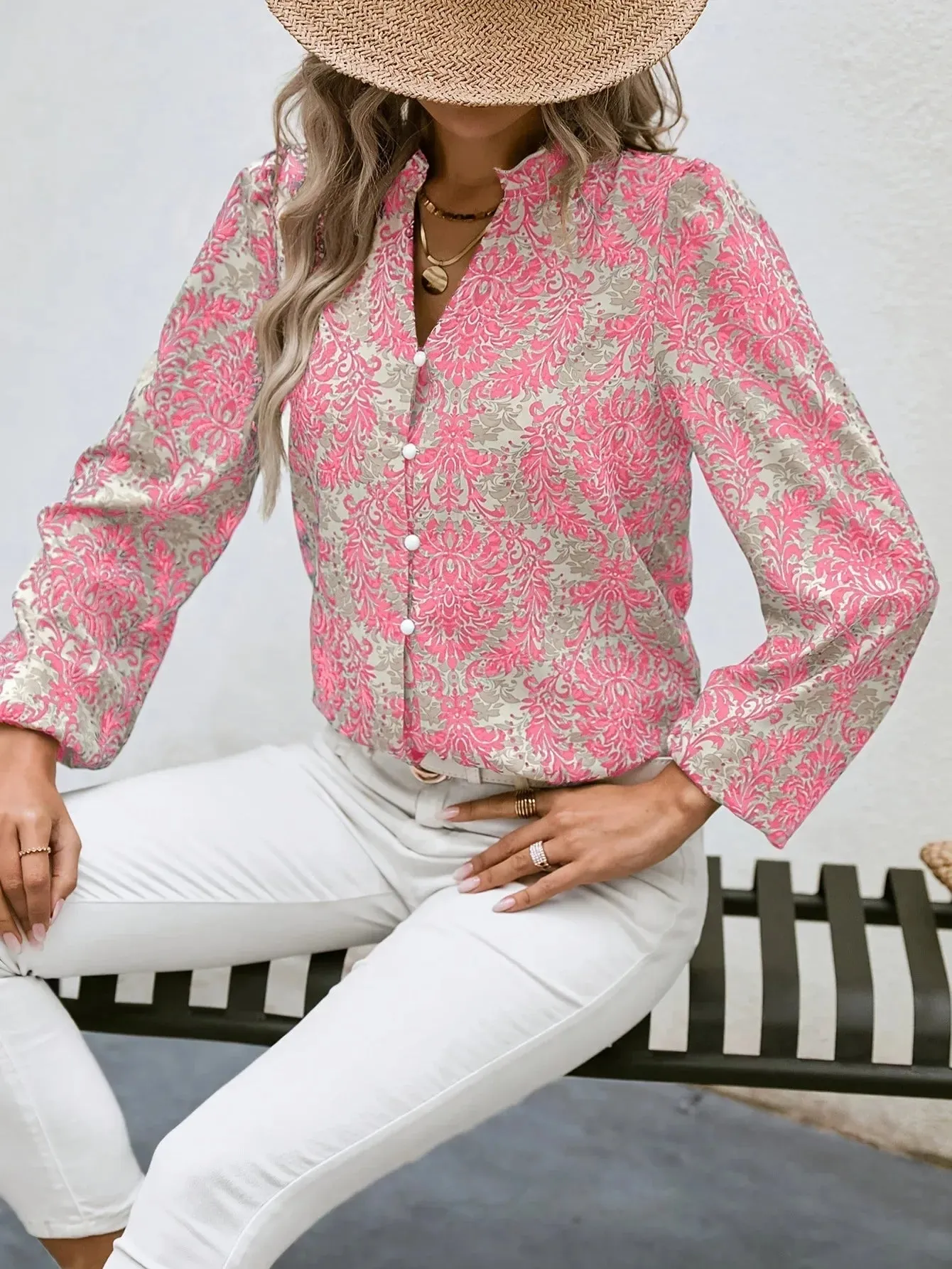 Golden Damask Autumn Blouse with Long Sleeves