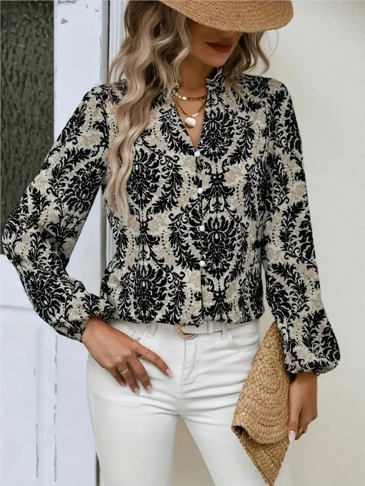 Golden Damask Autumn Blouse with Long Sleeves