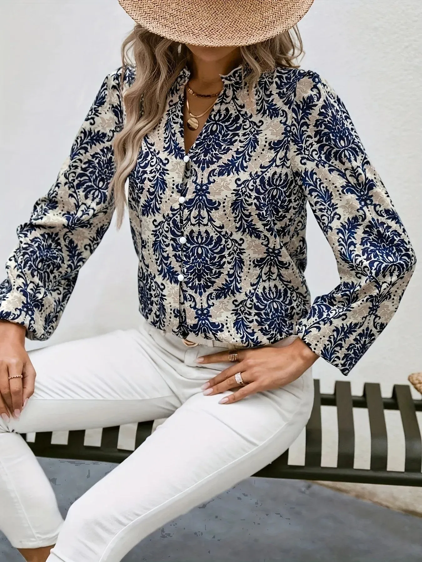 Golden Damask Autumn Blouse with Long Sleeves