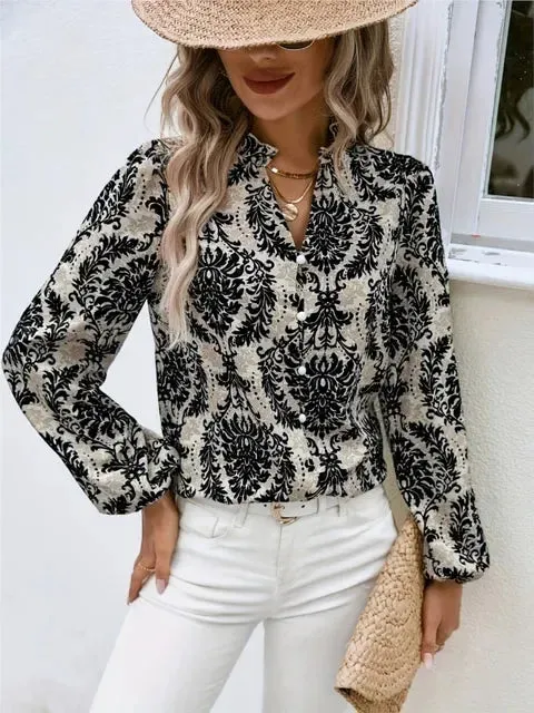 Golden Damask Autumn Blouse with Long Sleeves