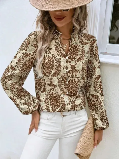 Golden Damask Autumn Blouse with Long Sleeves