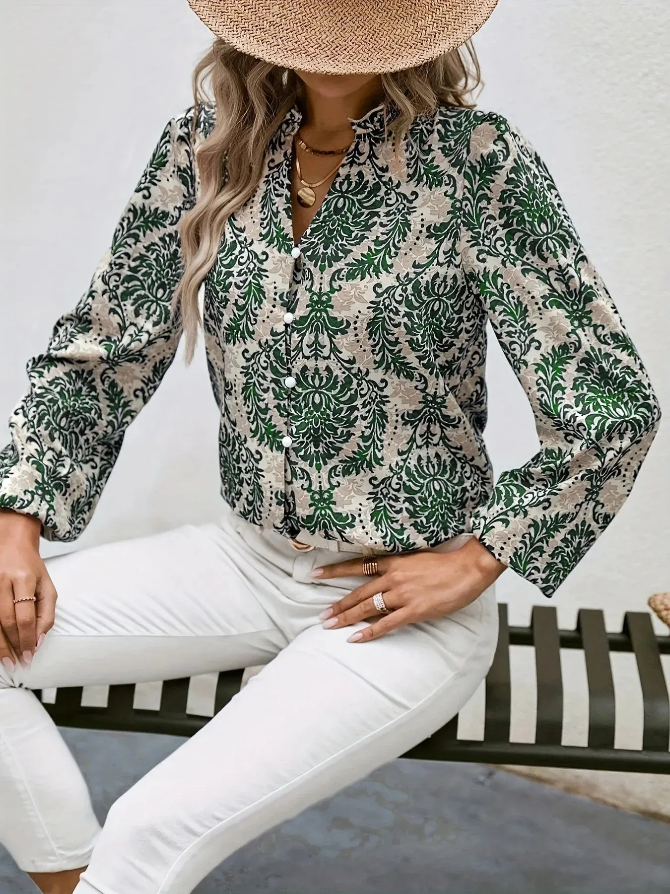 Golden Damask Autumn Blouse with Long Sleeves
