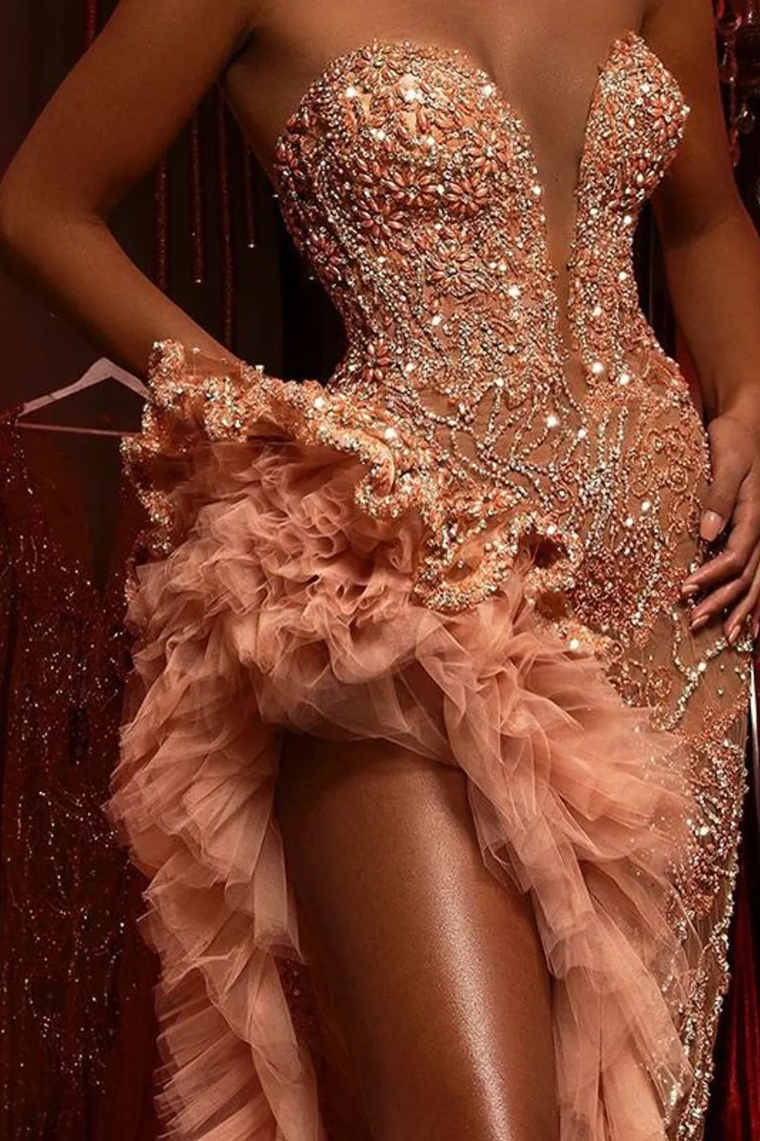 Gorgeous Long Mermaid Beading Sleeveless Split Prom Dress With Ruffles
