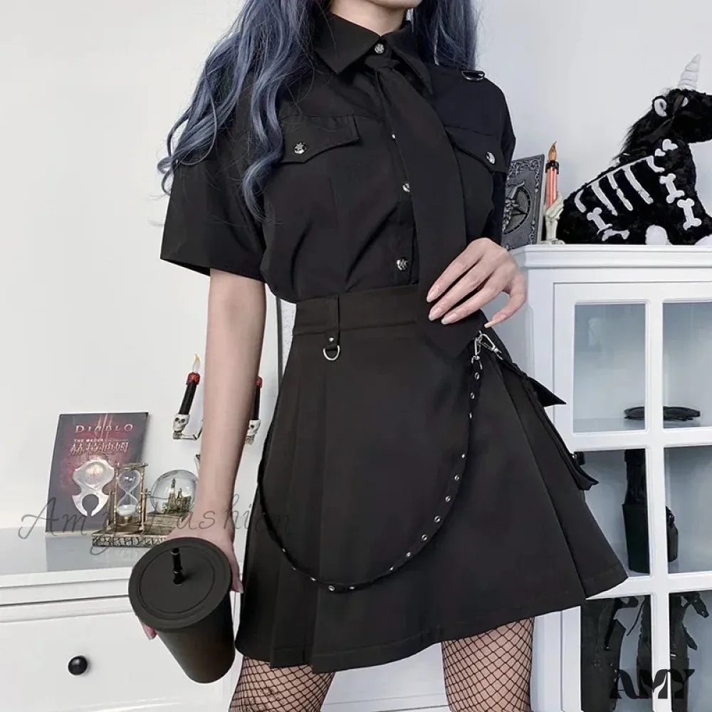 High A-line Irregular Black Waist Pleated Skirt Goth Tooling Waist Chain Gothic Harajuku Y2k Functional