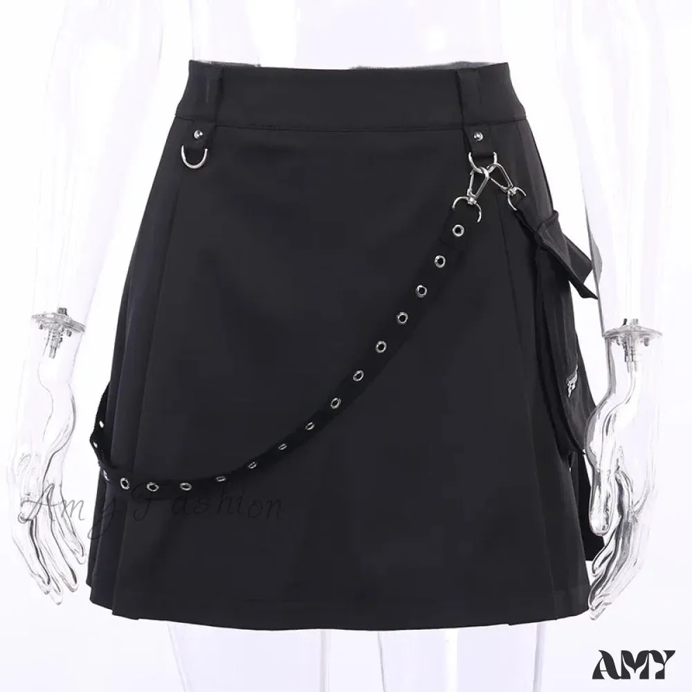 High A-line Irregular Black Waist Pleated Skirt Goth Tooling Waist Chain Gothic Harajuku Y2k Functional