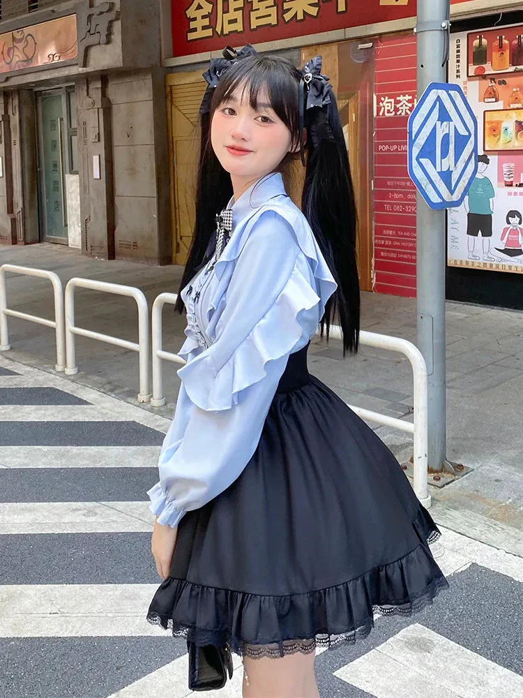 High Flared Blue   Waist Blouse Sweet Skirt