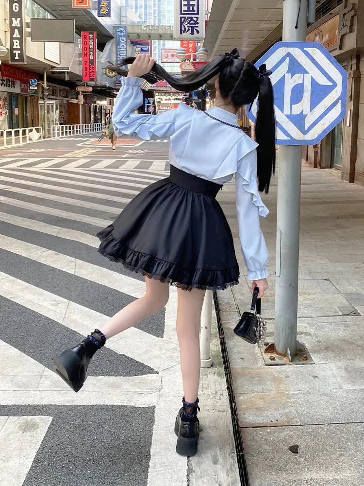 High Flared Blue   Waist Blouse Sweet Skirt