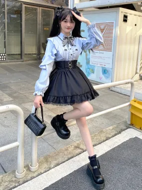 High Flared Blue   Waist Blouse Sweet Skirt