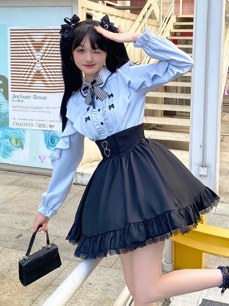 High Flared Blue   Waist Blouse Sweet Skirt