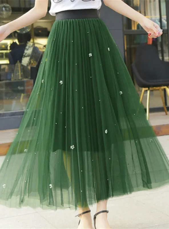 High Waist Mesh Midi Skirts Women Beading Slim