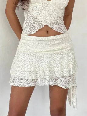 JuliaFashion - Lace Mini Flower Embroidery Frill Layered Low Waist Irregular Hem Short Summer Party Clubwear Skirts