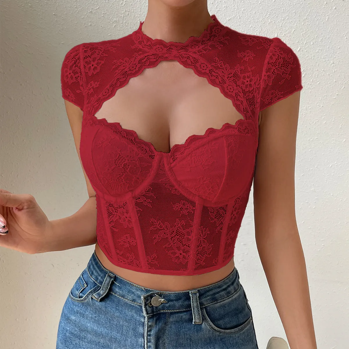 Lace rhombic Sexy Slim crop top short top