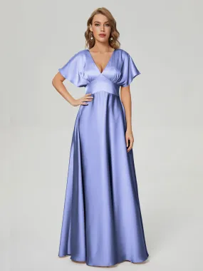 Lavender Bridesmaid Dresses Ariah Modest V Neck Short Sleeves Soft Satin Dresses