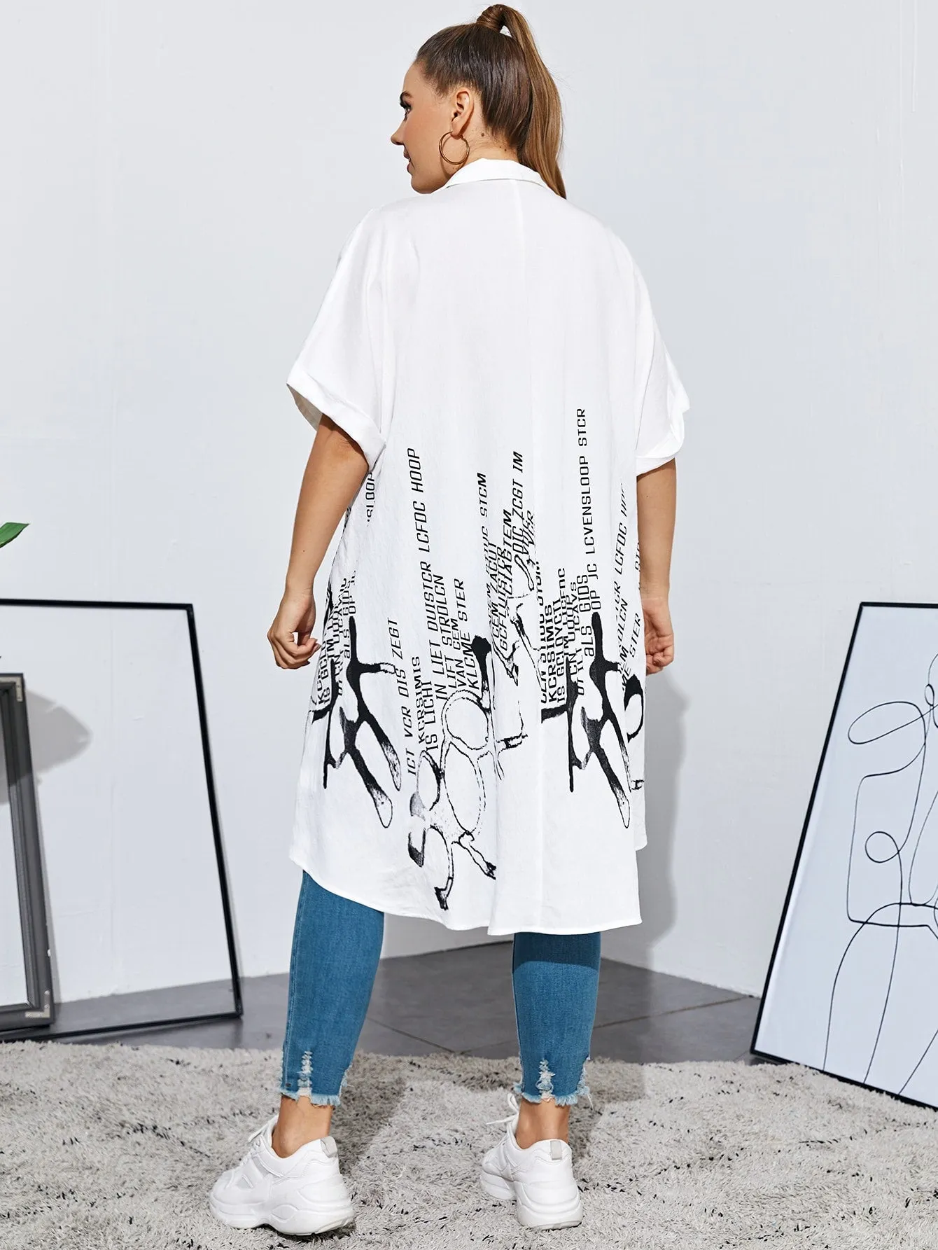 Letter Button Front Half Sleeve Collar Asymmetrical Long Plus Size Blouse