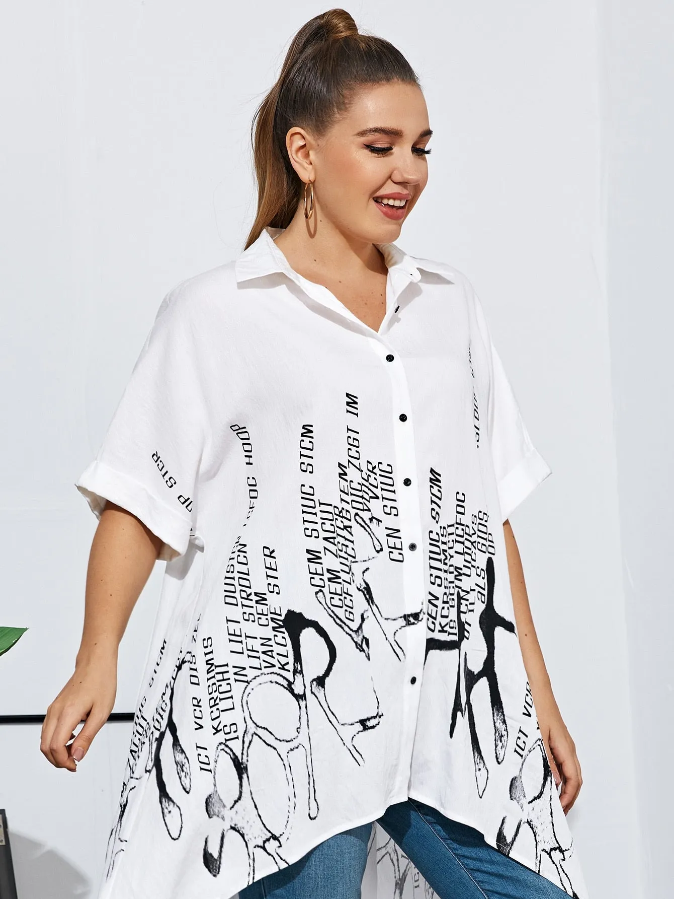 Letter Button Front Half Sleeve Collar Asymmetrical Long Plus Size Blouse