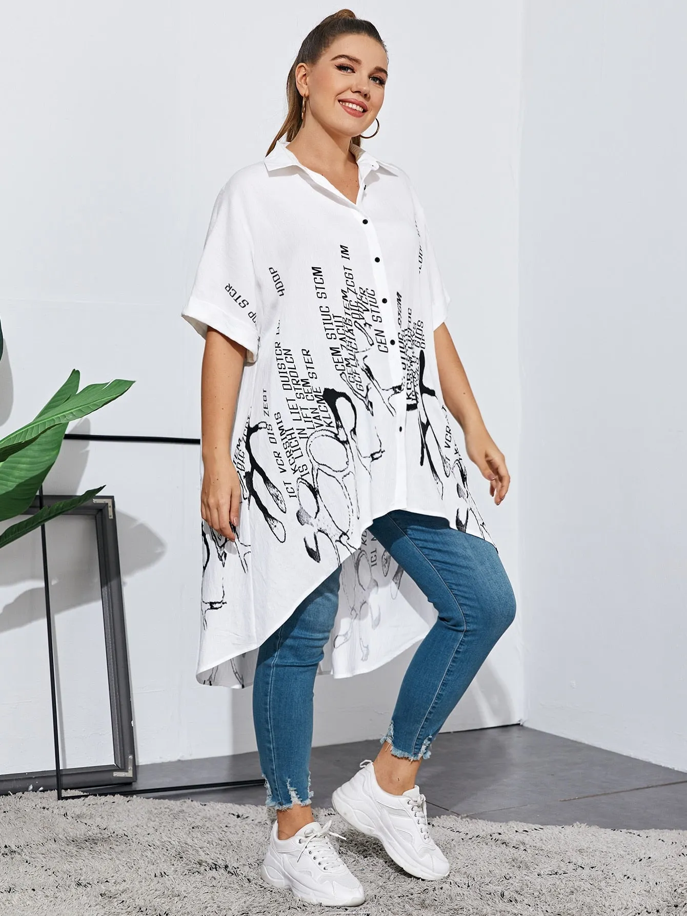 Letter Button Front Half Sleeve Collar Asymmetrical Long Plus Size Blouse