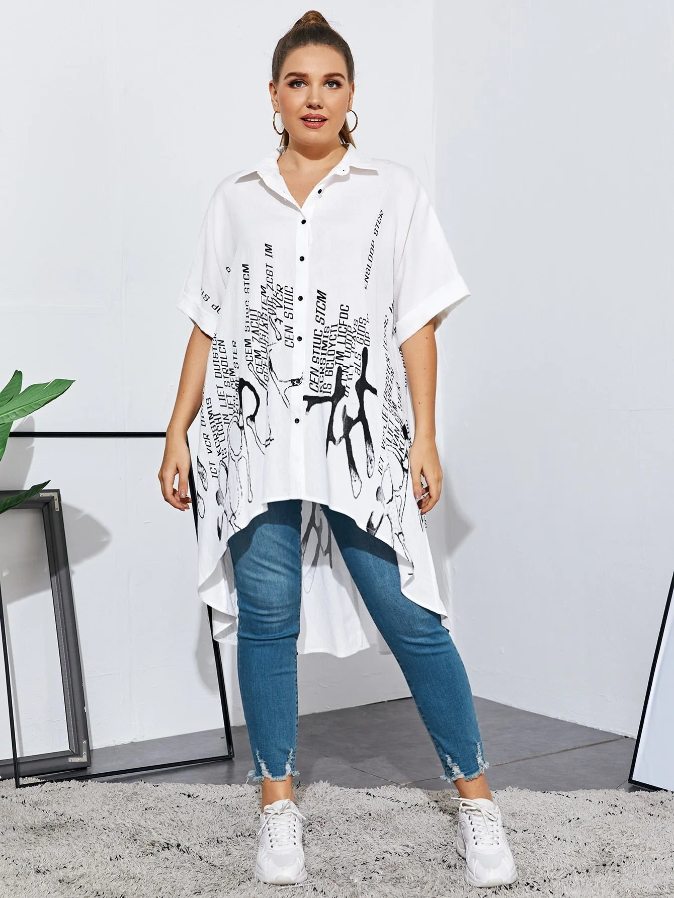 Letter Button Front Half Sleeve Collar Asymmetrical Long Plus Size Blouse