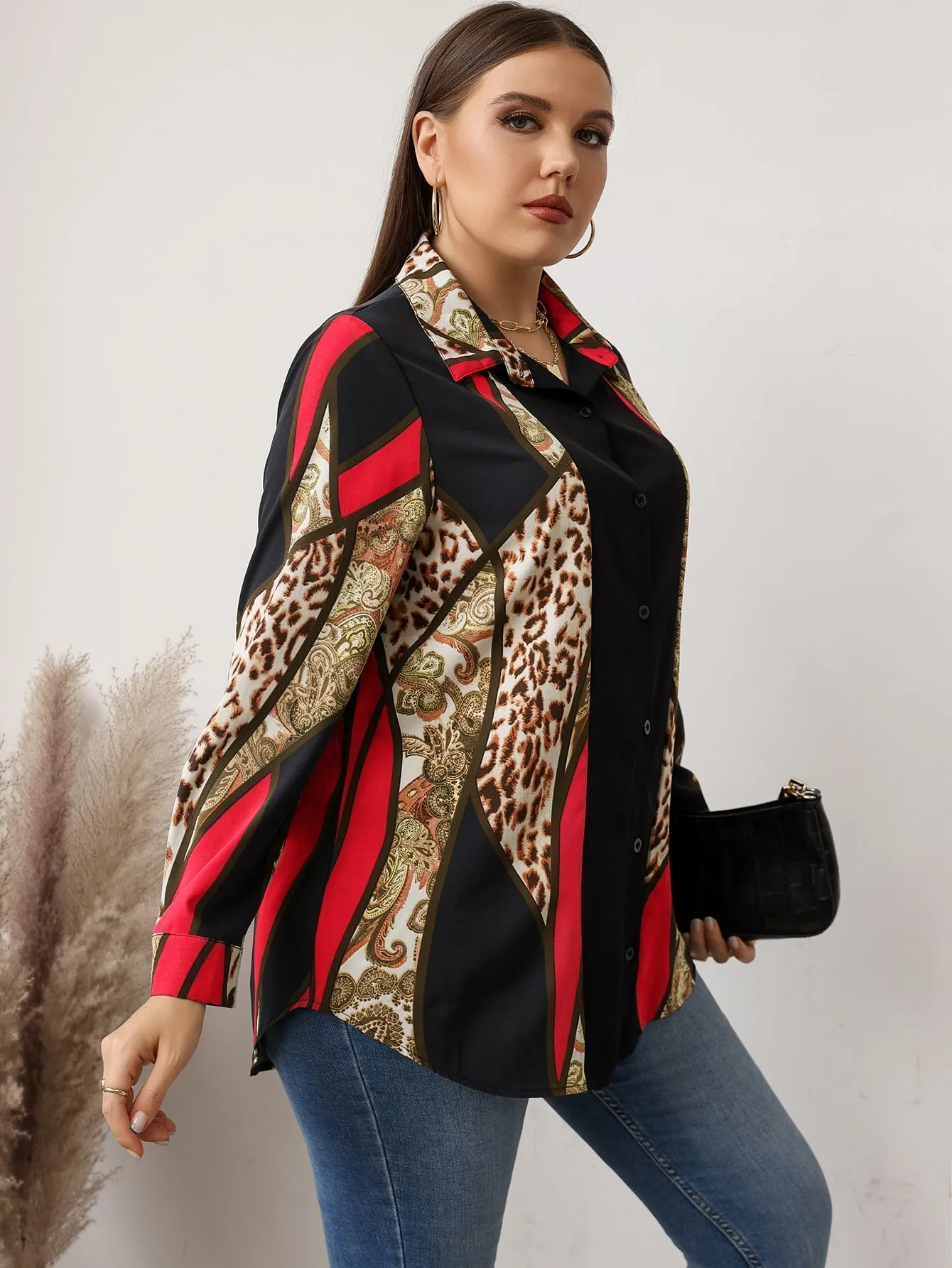 Paisley Button Front Long Sleeve Collar Long Plus Size Blouse