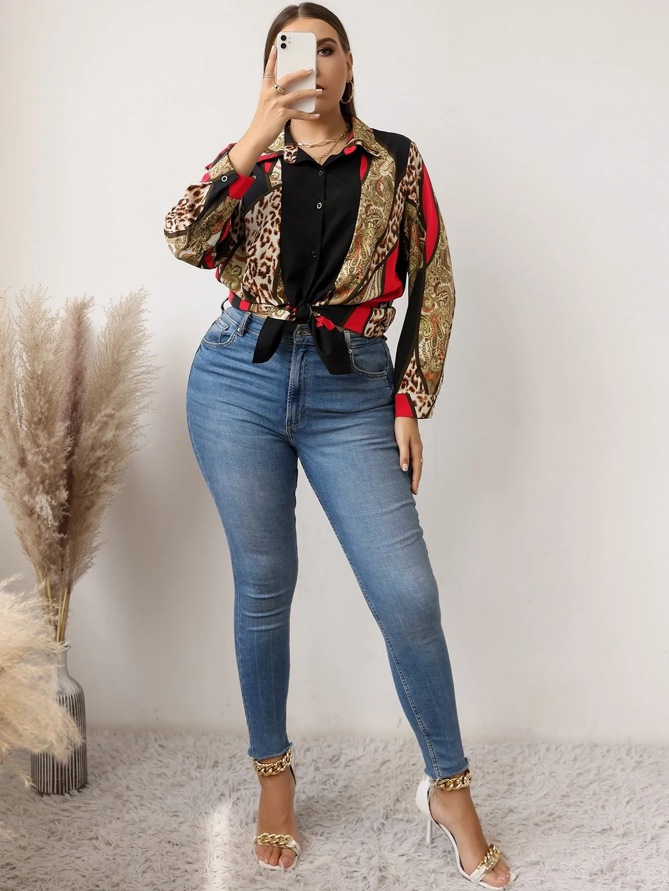 Paisley Button Front Long Sleeve Collar Long Plus Size Blouse
