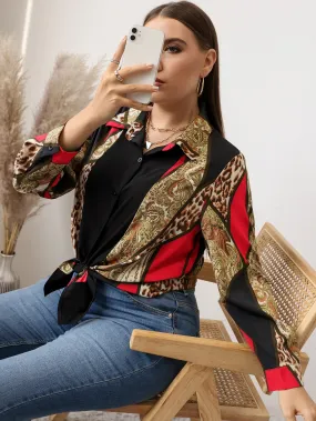 Paisley Button Front Long Sleeve Collar Long Plus Size Blouse