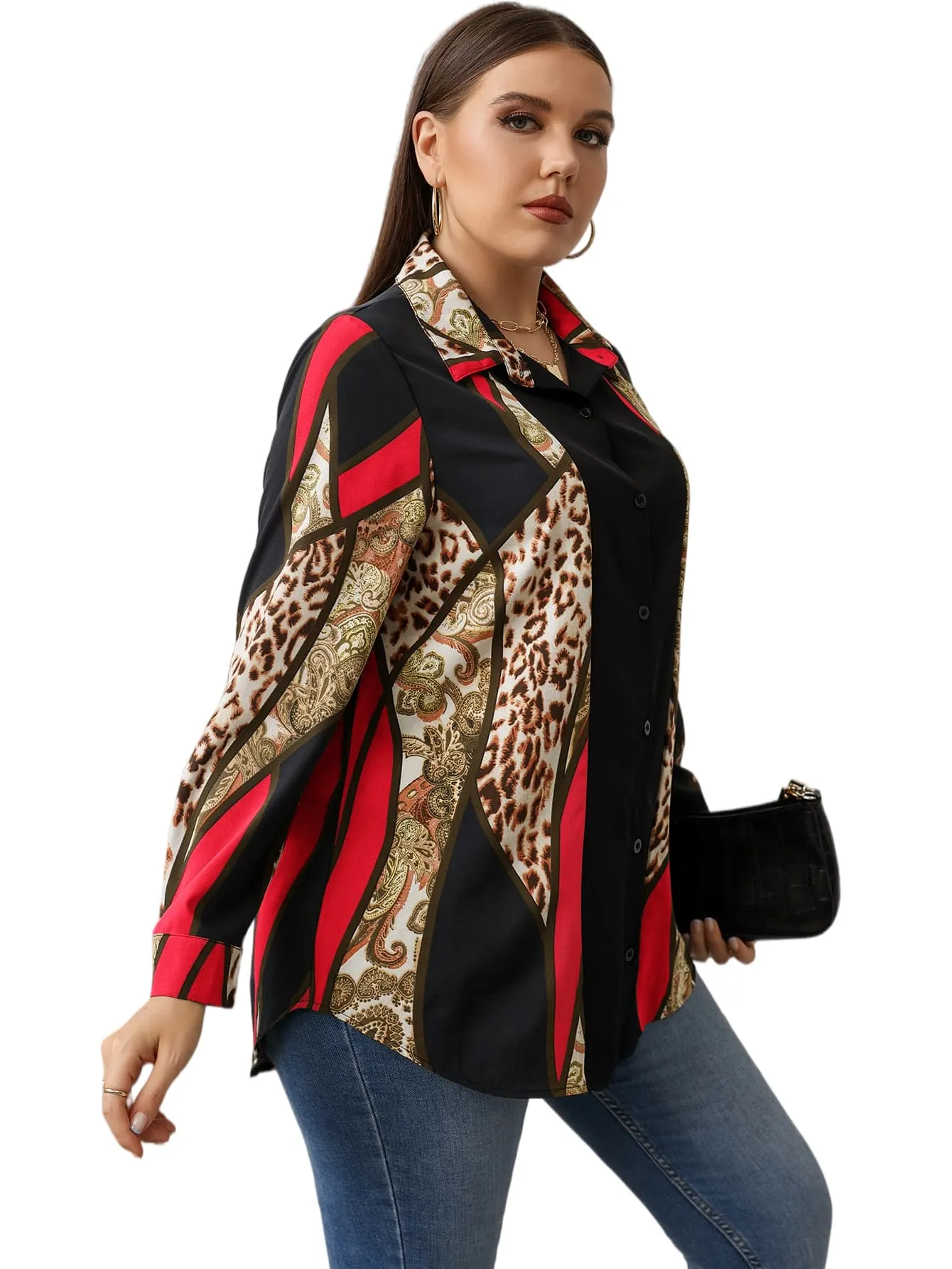 Paisley Button Front Long Sleeve Collar Long Plus Size Blouse