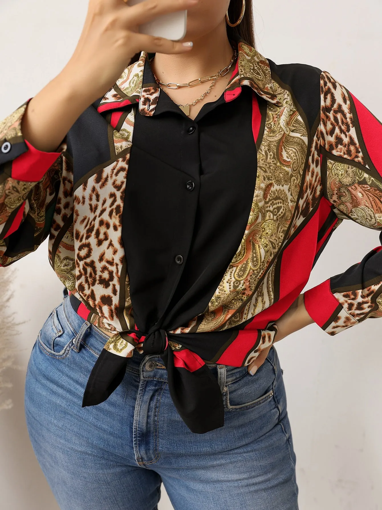 Paisley Button Front Long Sleeve Collar Long Plus Size Blouse